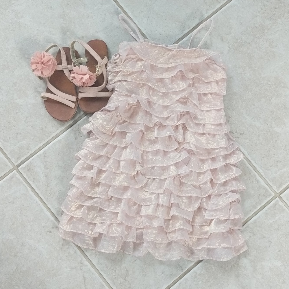 2t beach holiday gold pink shimmer dress, sandals